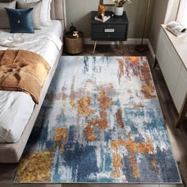 Entryway Rug Indoor Door Mat 3x5 Washable Boho Small Area Rug Non-Slip Ultra Soft Faux Wool Vintage Rug for Kitchen, Bathroom, Entrance, Throw Carpets for Bedroom, Living Room (Blue, Grey, Gold)