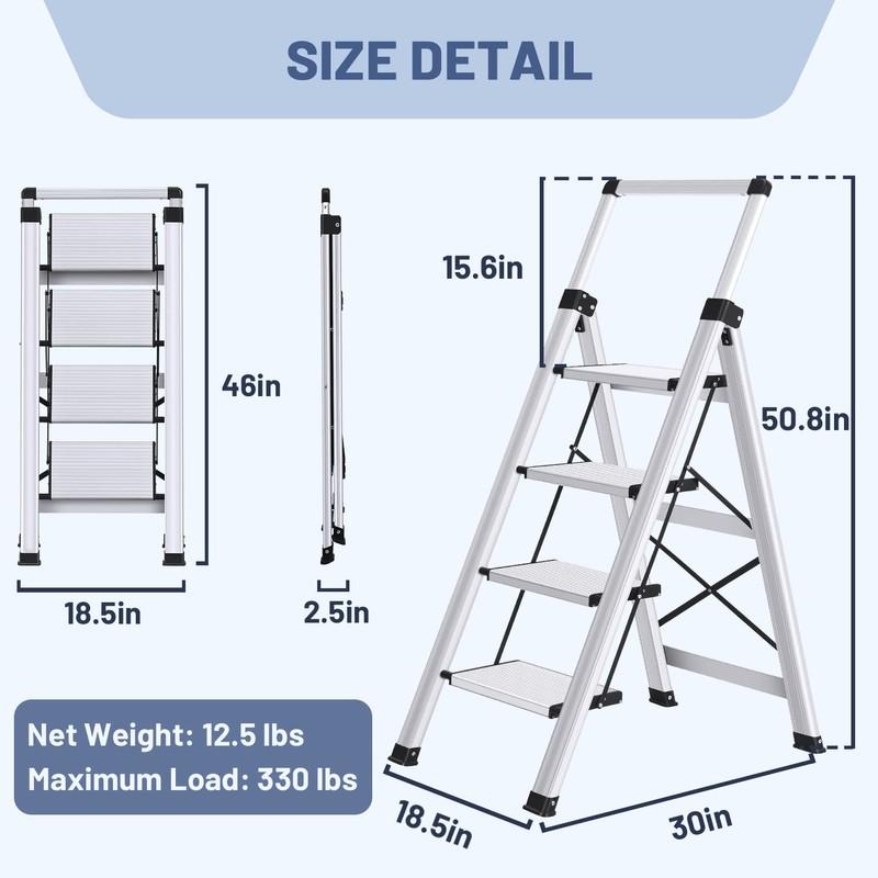 XinSunho 4 Step Ladder, Retractable Handgrip Folding Step Stool with