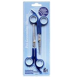 Pet Magasin Japanese Stainless Steel Grooming Scissors (2) for Facial Hair and Larger for Body Trimming with Round Tip (Blue)