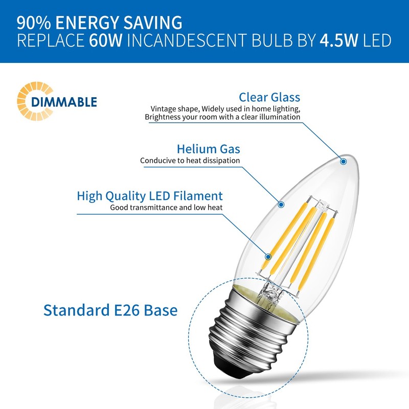 ANWIO 12 Pack B11 LED Filament Bulb E26 Candelabra Base