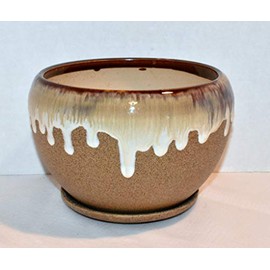 New 6.5" Khaki & Brown Speckle Raised Drip Edge Potbelly Planter Plant Pot & Saucer