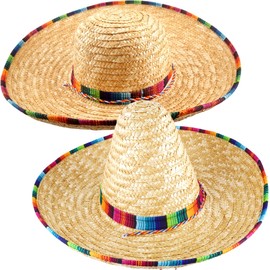 Cagemoga 2 Pack Mexican Sombrero Hat Large Sombrero Straw Hat with Rainbow Serape Trim for Adults Teens Mexican Fiesta Party Fancy Dress Costume Accessories, 2 Styles