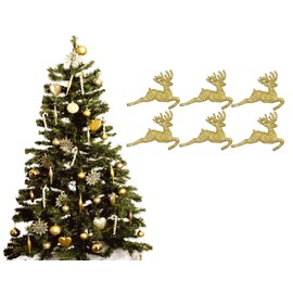 Pack of 6 - Hanging Glitter Reindeer Christmas Tree Decorations - 2.2cm x 9.5cm (Gold)