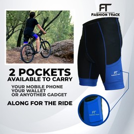 FT Fashion Track Cycling Shorts Mens - MTB Shorts - Padded Shorts with Pockets – (Black/Blue, L)