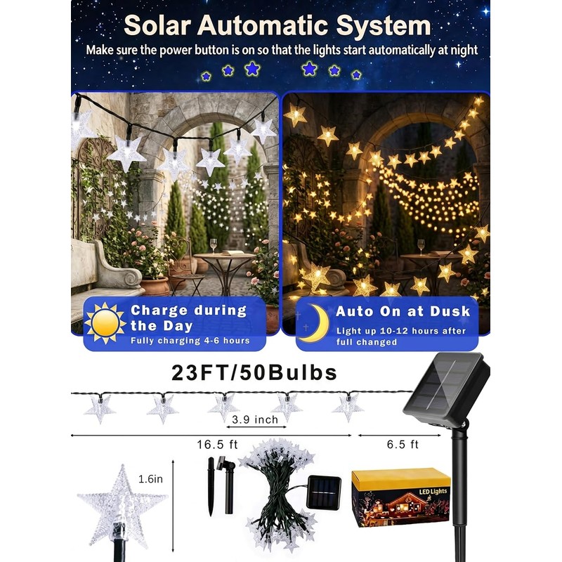 Serpouliom Star String Lights, 23FT 50LED 8 Modes Solar Powered