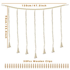 Wooden Beads Collage Hanging Picture Frame, Photo Garland, Photo Wall with Clips, DIY Picture Frame, Wall Decoration, 120 cm Beads & Photo Line with Wooden Clips, for Hanging Photo Postcards, Picture