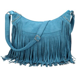 Fringe Hobo Bags for Women Vintage Suede Crossbody Bag Hippie Western Cowgirl Purses Tassel Shoulder Bag, Blue, 14.2"L x 3.9"W x 10.3"H