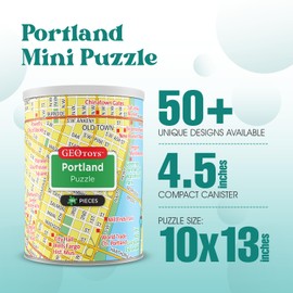 Geotoys Portland Mini City Puzzle - 100 Piece Puzzles for Kids and Adults in Portable Can, 13" x 10" Educational Travel Puzzle for Ages 7 and Up - Mini Puzzles to Learn & Explore Geography