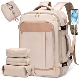 VNINE Travel Backpack for Women Men: Large Carry On Backpack Flight Approved with 3 Packing Cubes Expandable Personal Item Travel Bag with USB Charging Port Fits 17" Laptop Travel Essentials Beige