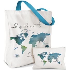 Miss Adola Aesthetic 2 Set Canvas Tote Bag - with Cosmetic Makeup Zipper Pouch Bag for Women Cloth Cotton Tote Bag for Shopping, Gym, Work, Travel, Vacation, Watercolour Map