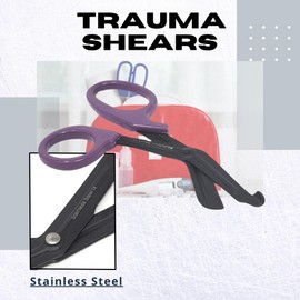 Paramedic Trauma Shears 7.25" First Aid Large Bandage Scissors, Black Fluoride Coated Stainless Steel Blades, Deep Serration Cuts Straps, Thick Gauze, Clothing + More (Purple Handle - 12 Pcs)