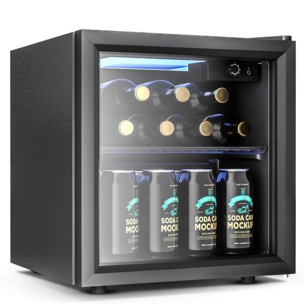 EUHOMY 55 Can Beverage Refrigerator cooler-Mini Fridge Glass Door for Beer Drinks Wines, Freestanding Beverage Fridge with Adjustable Shelves Blue LED for Home/Office/Dorm/Bar (1.3cu.ft)