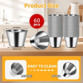 60 Pcs 2.5 oz Food Grade Stainless Steel Sauce Cups, Reusable Metal Condiment Ramekins Small Dipping Bowls for Ketchup, BBQ, Salsa, Butter & Dressings Mini Containers for Restaurants, Kitchen, Party