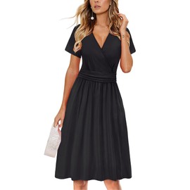 OUGES Women's Summer Black Dresses for Women Short Sleeve Wedding Guest Dress V-Neck Party Dress with Pockets Casual Sundresses for Women 2025(Black,XL)