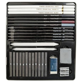 Quickdraw Complete Artist Drawing Set in Metal Tin for Sketching & Drawing Kit with Pastel & Graphite Pencils, Erasers & Sharpener