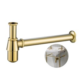 Brass Round Bathroom Basin Sink Bottle Trap Waste Pipe 1-1/4 inch Slip Inlet Drain Tube Kit, Lavatory Adjustable Basin Sink Waste Drain P-Trap Kit, Brushed Gold