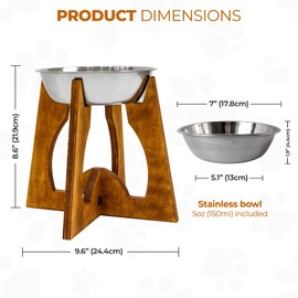 Dog Bowl Elevated - Raised dogs feeder for medium dogs - Collapsible 9" Dog bowl stand - Food and Water bowl with wood stand - 1 stainless steel bowl 25oz included - travel silicone pet feeder in set
