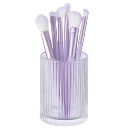 DASITON Makeup Brush Holder Organizer, Crystal Cosmetic Makeup Brushes Storage Holder, Glass Make Up Brush Holder, Vintage Striped Make Up Cup Desk Pen Pencil Holder, Toothbrush Holders (Clear S)