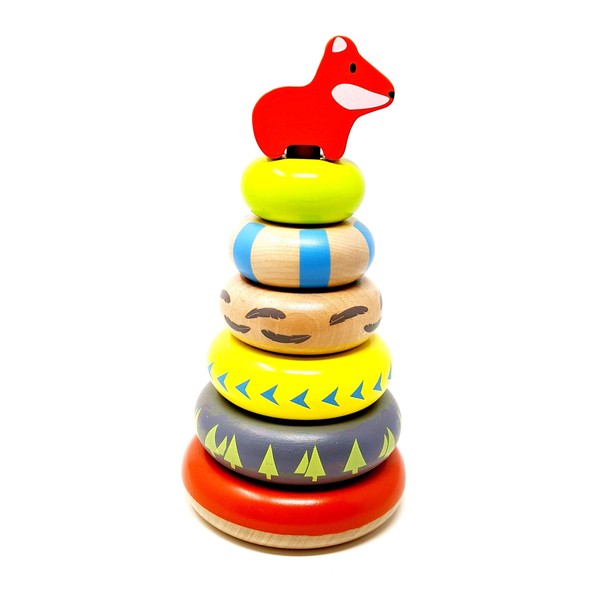 Orcamor Organic Wooden Stacking Toy with Fox Topper - Montessori Wooden Stacking Toys - Woodland Nursery Decor for Infant and Toddler 1 Year Old and Up - Real Beech Wood, Not MDF - 8 Inches Tall