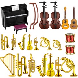 24 Pcs Dollhouse Musical Instruments Miniature Violin Piano Trumpet Saxophone Electric Guitar Tiny Christmas Instruments Set for Party Gift Mini House Musical Room Succulent Garden (Black Piano)