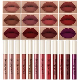 QiBest - Juego de 12 labiales líquidos mate para niñas y mujeres, 24 horas de duración, impermeables, tonos naturales y rojo oscuro, brillos labiales 