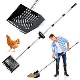 Rypet Chicken Poop Scooper & Rake 2-in-1, 10 inches Metal Chicken Coop Scooper with Adjustable Stainless Steel Handle (36" to 74"), Durable Sand Sifting Litter Shovel for Chicken Coops Farm Animal