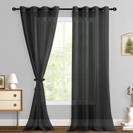 Hiasan Black Sheer Curtains for Bedroom with Tiebacks, Grommet Light Filtering and Breathable Voile Window Curtains for Living Room, Kids Room and Nursery, W52 x L90, Set of 2 Panels