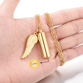 Dletay Cylinder Cremation Urn Necklace for Ashes Memorial Keepsake Pendant with Angel Wing Stainless Steel Cremation Jewelry(Gold)