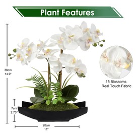 Briful Orchid Artificial Flowers 15in White Fake Orchid Silk Flowers with Black Pot Faux Phalaenopsis Arrangement for Home Office Room Table Centerpiece Modern Decor
