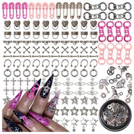 BBATT-HAPPY 144PCS Nail Charms for Acrylic Nails,Silver Star Planet Cross Punk Door Handle Pin Handcuffs Mechanical Parts Alloy Nail Art Accessories,Nail Jewels for Nail Art Supplies Craft DIY, Mix