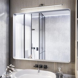 Yamazakura Silver Bathroom Mirror for Wall, 36x30 Inch Silver Framed Bathroom Vanity Mirror for Farmhouse Living Room Bedroom, Anti-Rust, Tempered Glass, Rounded Corner, Horizontal/Vertical