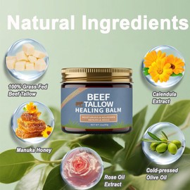 minyang Beef Tallow Healing Balm for the Face, Organic Grass Fed Beef Tallow Cream, Whipped Beef Tallow for Skin, Natural Grassfed Beef Tallow Balm Moisturizer with Manuka Honey