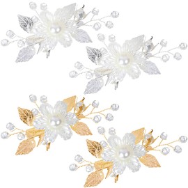4 PCS Pearls Flower Hair Clips Bridal White Floral Silver Leaf Vine Hair Pieces Silver Pearl Hair Clip White Flower Hair Piece Crystal Hair Pins Leaf Floral Bridal Hair Accessories for Women Girls