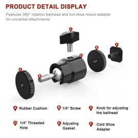 Lanxire Hot Shoe Mount Adapter with Mini Ball Head and 1/4" Screw, Ballhead Tripod for Camera, Camcorder, Smartphone, Webcam, Monitor, Microphone, LED Light - 1 Pack