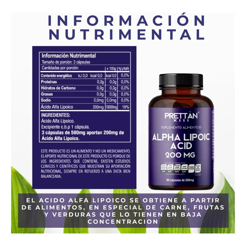 Acido Alfa Lipoico Prettan Suplemento 500mg Cápsulas Sabor