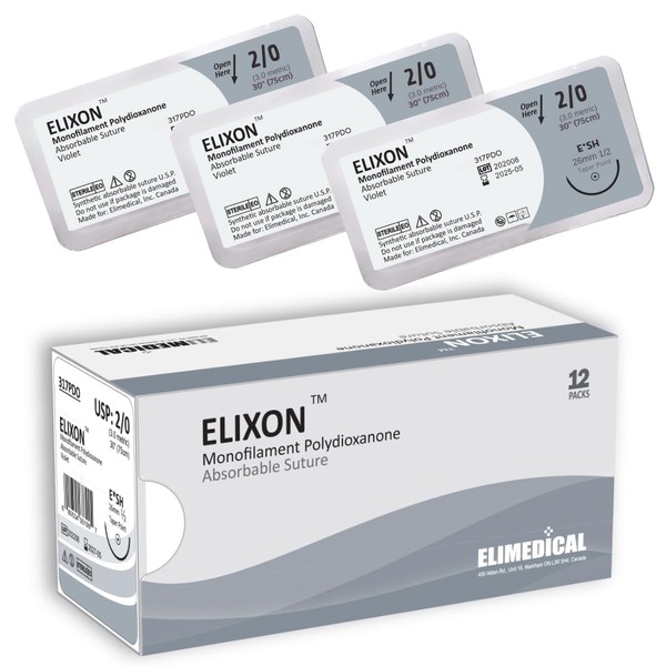 Elimedical ELIXON Suture Thread with Taper Point Needle, 12 Pack.