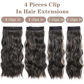 Gx Beauty 4pcs Clip In Hair Extensions, 20 Inch Long Wavy Curly Synthetic Black Mix Blonde Hair Extension, Thick Natural & Soft Hairpieces for Women(4Pcs, Black Mix Blonde)