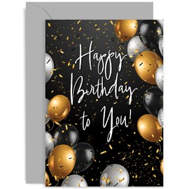 Premium Birthday Card with Envelope for Him Her - Gold and Black Balloons Birthday Card for Men Women - Grandad Uncle Friend Dad Brother - 40th 50th 60th 70th | Blank Inside