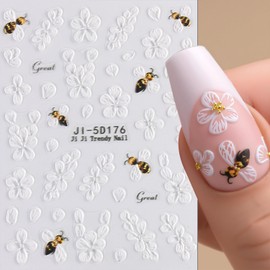 4 Sheets Flowers Nail Art Stickers Decals Spring Summer Floral Nail Stickers 5D Embossed Self-Adhesive Pink White Blue Green Orange Flower Nail Decals for Acrylic Nails Women DIY Manicure Supplies