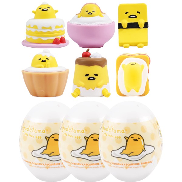 Hamee Sanrio Gudetama Lazy Egg Yolk Cute Water Filled Squishy (Series 1) Box Mini Fidget Stuffer Baby Birthday Gift Bag, Party Favor, Basket Filler, Stress Relief Toy - 3 Pc. (Mystery - Blind Capsule)