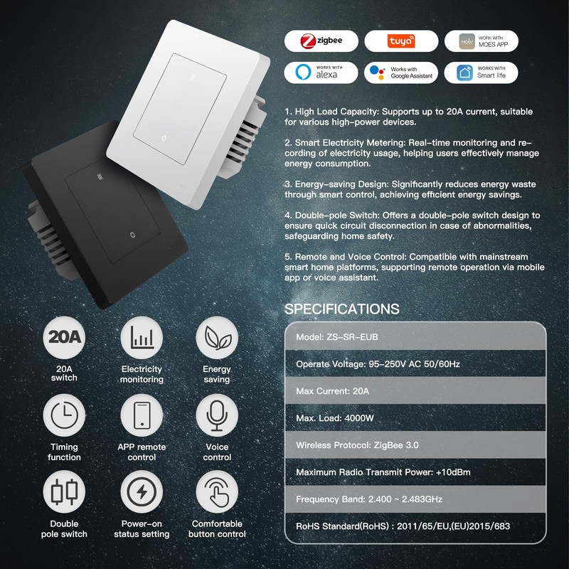 MOES ZigBee 20A Water Heater Smart Switch, Timer Control, Tuya