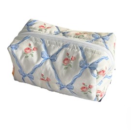 irLocy Coquette Bow Y2k Makeup Bag Cute Quilted Make Up Pouch Small Preppy Floral Cosmetic Bag Toiletry Organizer Bag (blue flower)