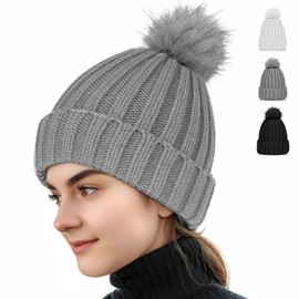 AURUZA Winter Hats for Women and Men, Soft Beanie hat with Faux Fur Pom for Women, Thick Knitted Ski Cap Warm Hat, Warm Fleece Lining Beanie for Cold Weather Outdoor Camping Hiking Skiing Gray