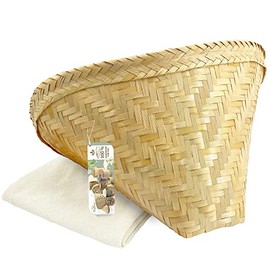PANWA Traditional Sticky Rice Cooking Basket (2 pc Set) - “NATURAL SCENTED” - Handcrafted THAI Bamboo Wing Design, Large Size with 24x24 Inch Cheesecloth Wrap Included