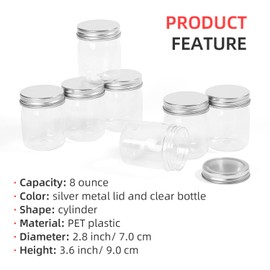 8 Ounce Clear Plastic Mason Jars With Screw On Lid, Reusable Empty Jars for Food Storage, Round BPA Free Containers for Sealing, Dry Food, Snacks, Candies, Breakage-proof (Silver, 16 Pack 8 Ounce)