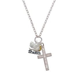 Delight Jewelry Silvertone Shalom with Dove - She will not Fall Engraved Cross Zoey Necklace, 28"