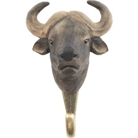WILDLIFEGARDEN Wildlife Garden WG4538 African Buffalo Hook, Hand-Carved Wooden and Metal Animal Hook, African Animals Collection