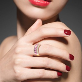 Uloveido Gold Plated Big Oval Pink Promise Ring 7 Stone Eternity Band Wedding Engagement Rings for Women Mother (Size Q, Pink) J501