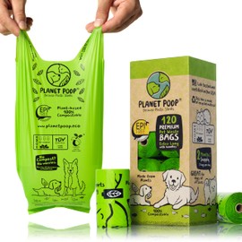 PLANET POOP Home Compostable Dog Poop Bags Extra-long with Handles 120 Un-Scented Pet Waste Bags Plastic Free, Thick Leakproof Plant-Based Doggy Bag, Cats & Dogs Pet Supplies