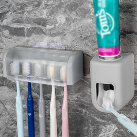 5 Slots Wall Mount Toothbrush Holder with Cover, Self Adhesive Toothbrush Storage Organizer for Shower, Toothbrush Hanger with Automatic Toothpaste Squeezer Dispenser (Grey)